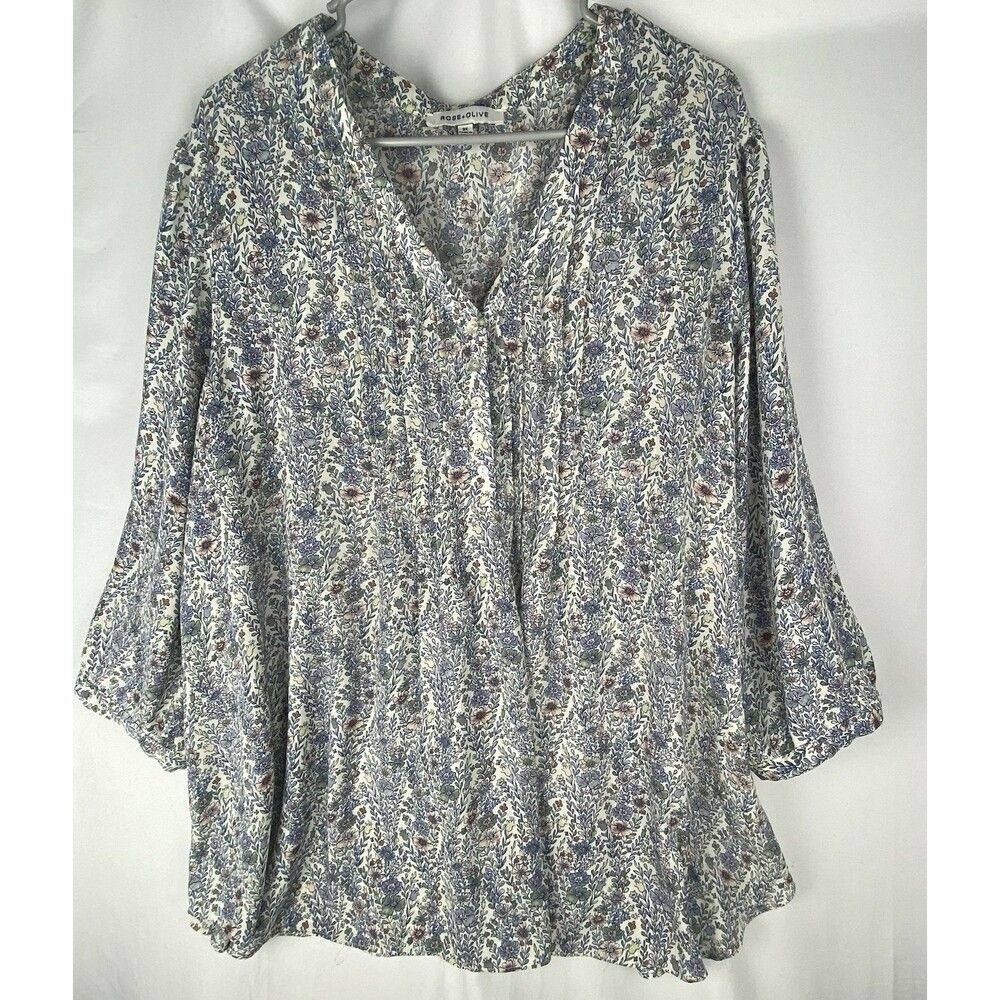 Rose + Olive Top Blouse 3X Blue Pink Ditsy Floral 3/4 Sleeve Flowy Peasant Boho